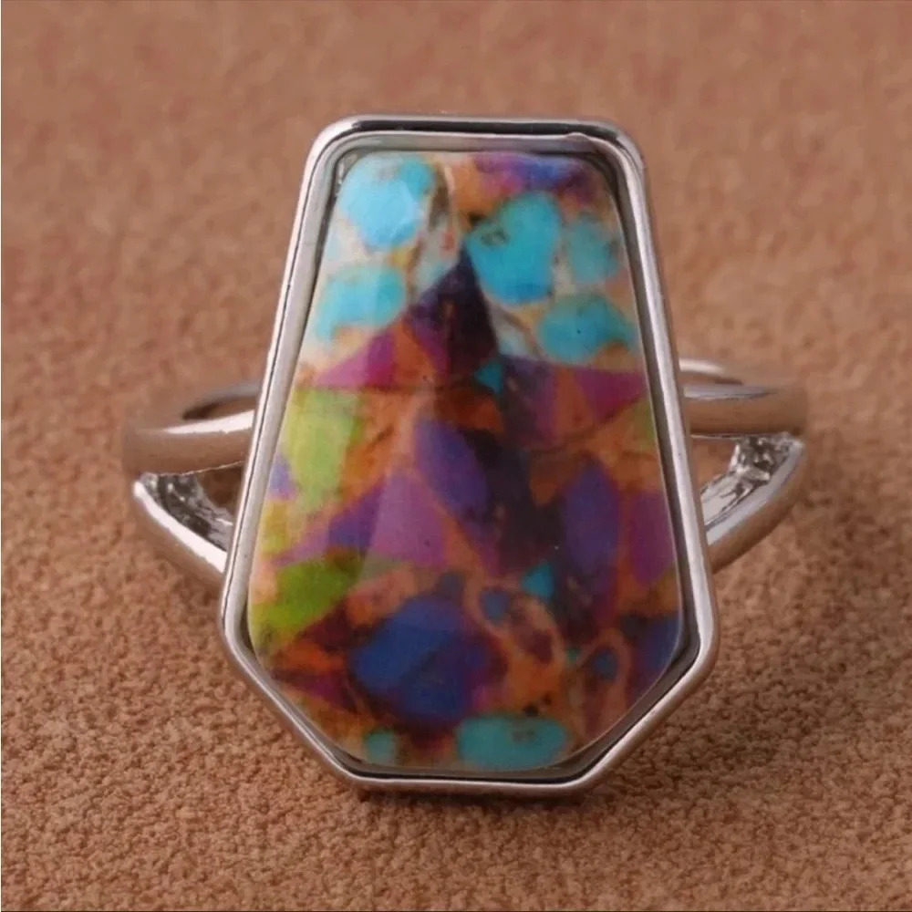 Boho Colorful Gemstone Silver Ring | Statement Cocktail Ring Size 9